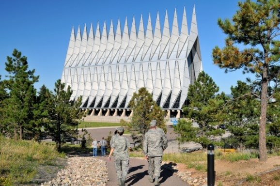 Soldiers walking in front of the Air Force Academy Chapel in Colorado Springs